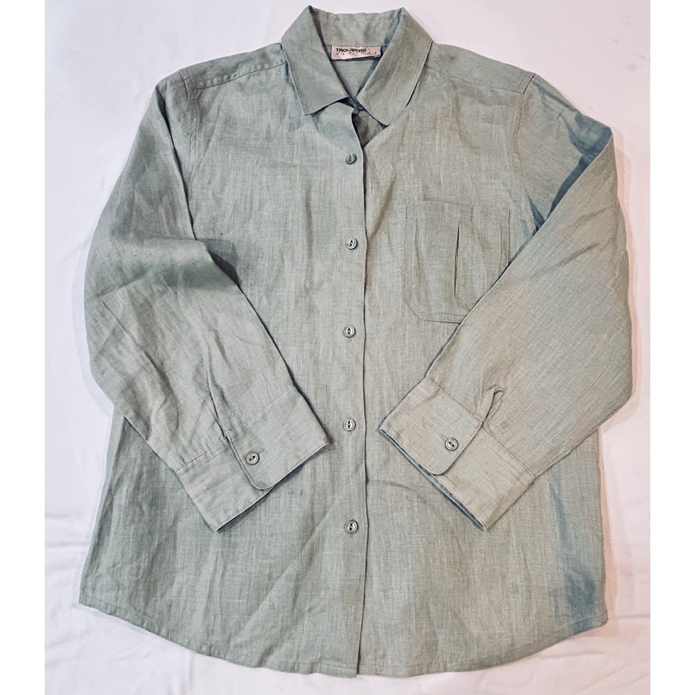 Trousers Etc New York Coastal Beach Linen Button Down Top S/M Sage Grey Green
